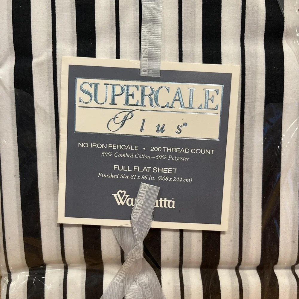 Wamsutta Plus Stripe Black White Full Flat Sheet Percale Cotton Blend 200 TC Vtg